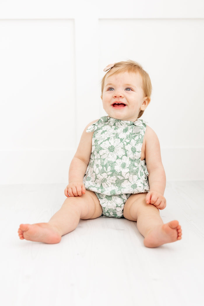 Sage-Green Floral Printed Ruffled Romper Yo Baby India
