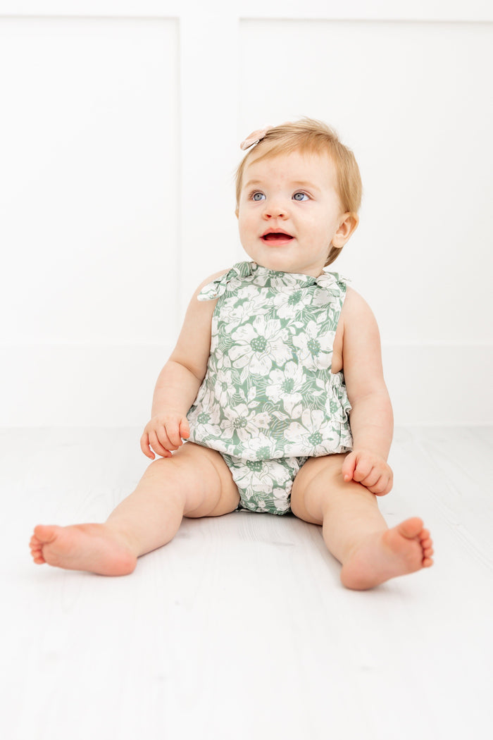 Sage-Green Floral Printed Ruffled Romper Yo Baby India