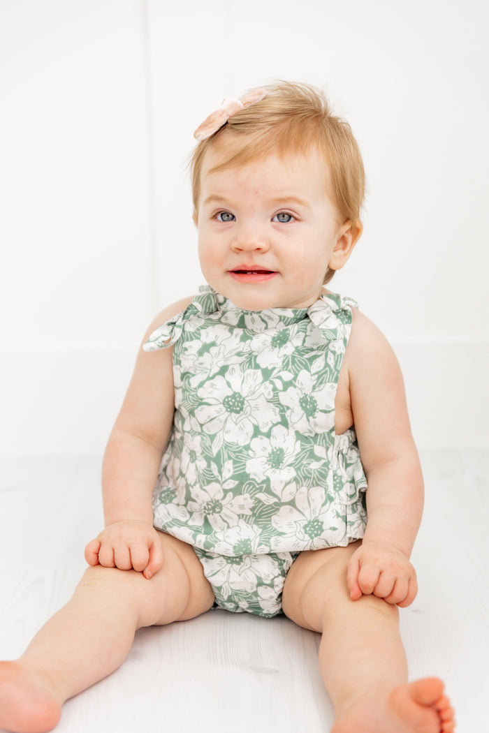 Sage-Green Floral Printed Ruffled Romper Yo Baby India