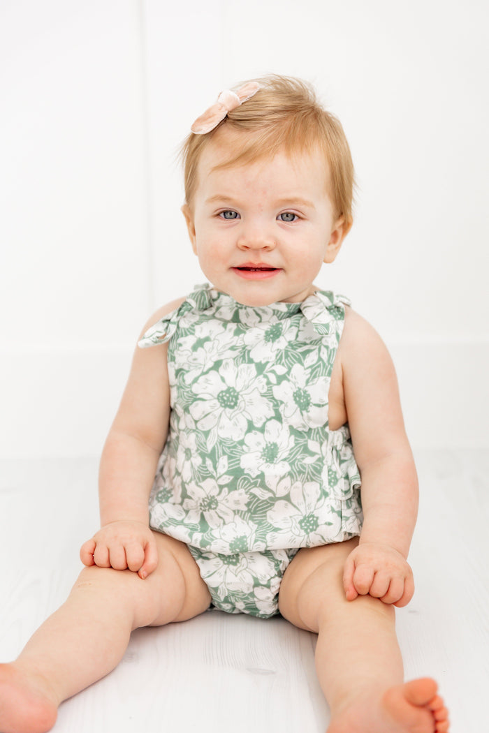 Sage-Green Floral Printed Ruffled Romper Yo Baby India
