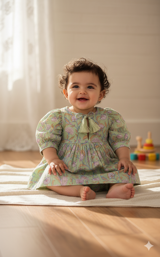 Sage-Green Floral Printed Sleeve Gathered Dress – Fully Lined 100% Cotton Baby & Kids Dress with Tassel Drawstring