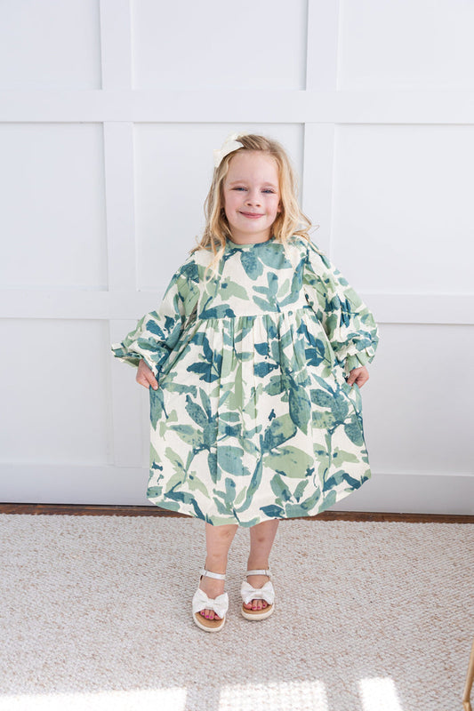 Sage-Green Leaf Printed Sleeve Gathered Dress Dress Yo Baby India