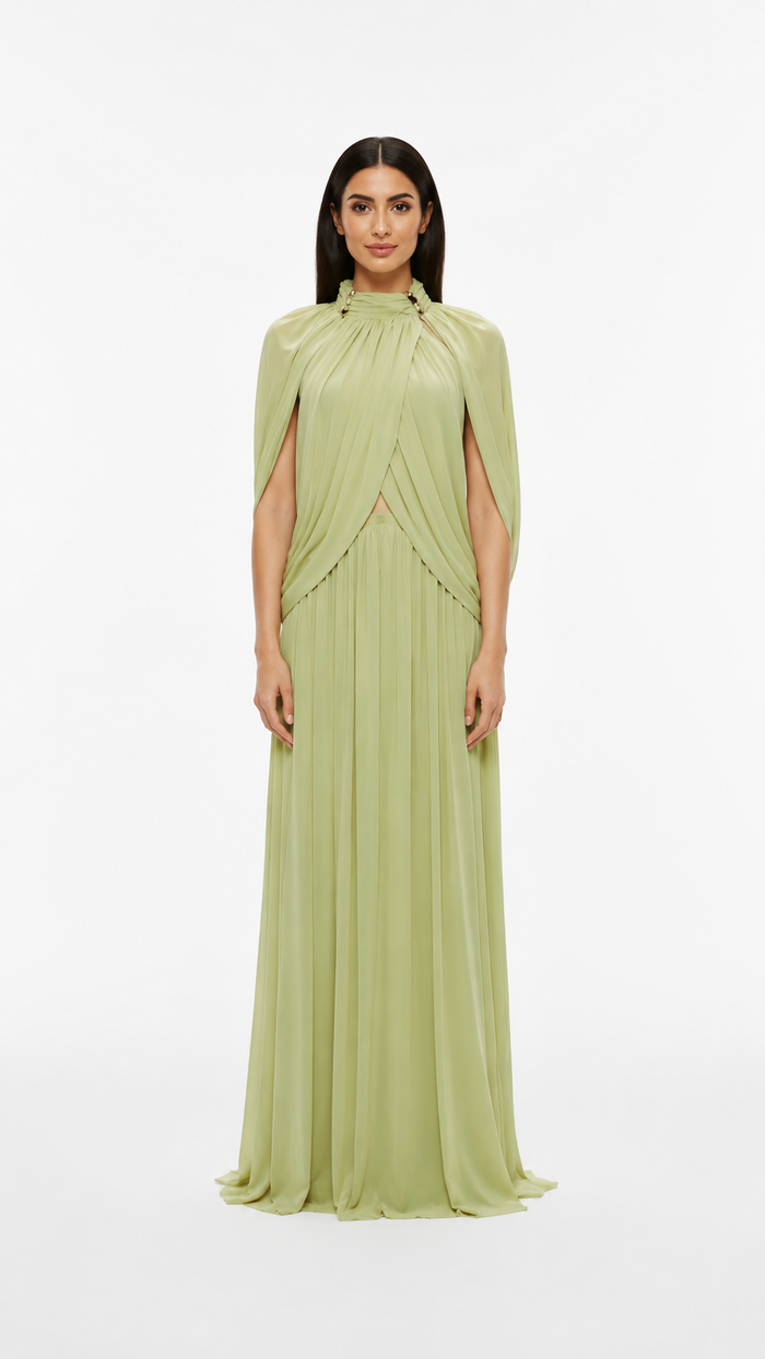 Sage Green Pleated Cape Maxi Dress – LAVENIA