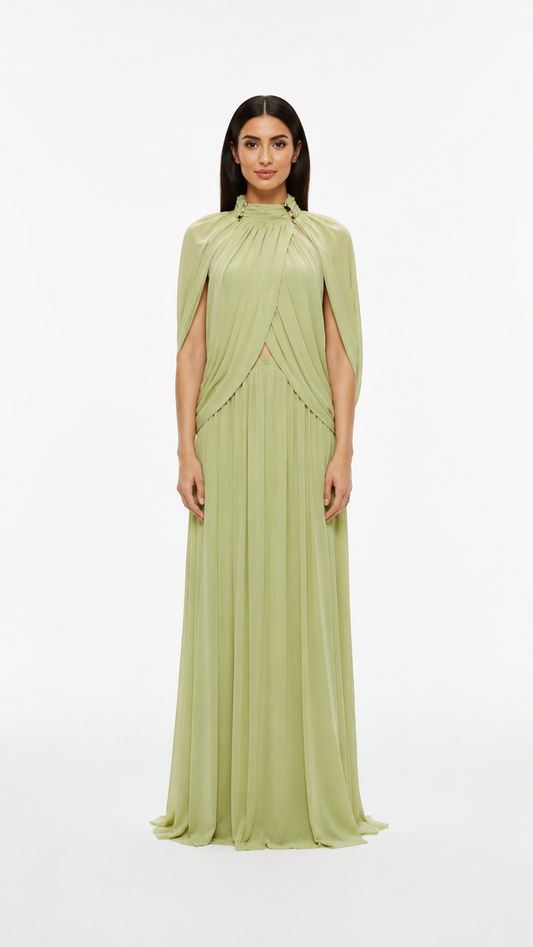 Sage Green Pleated Cape Maxi Dress – LAVENIA