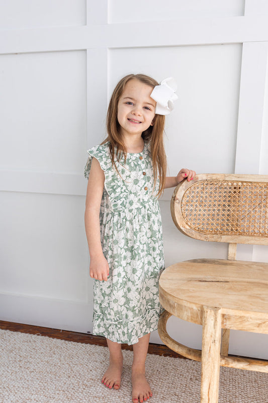 Sage-Green Printed Yoke & Bottom Ruffled Dress – Infant Viscose Dress with Coconut Buttons