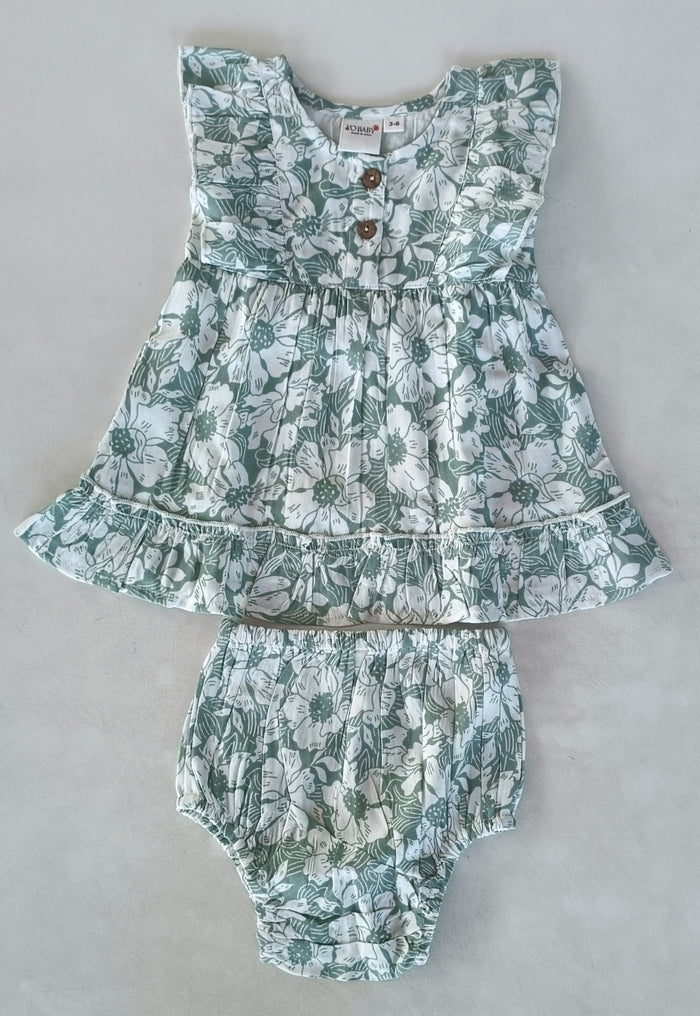 Sage-Green Printed Yoke & Bottom Ruffled Dress – Infant Viscose Dress with Coconut Buttons