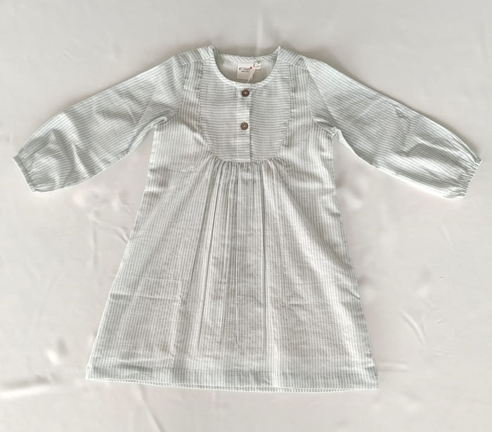 Sage Stripe Print Balloon-Sleeve Cotton Dress DRESS Yo Baby India