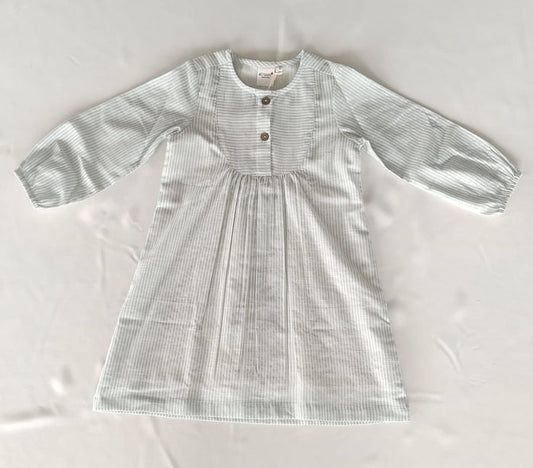 Sage Stripe Print Balloon-Sleeve Cotton Dress DRESS Yo Baby India