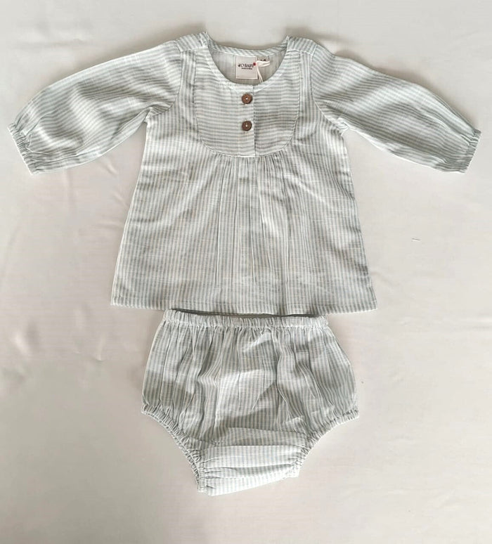 Sage Stripe Print Balloon-Sleeve Cotton Dress DRESS Yo Baby India