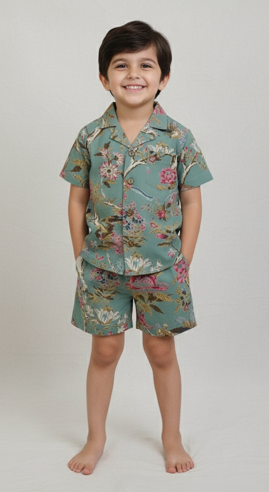 Sameer Shirt and Shorts Set in Sage for Infant, Toddler & Tween – 100% Cotton with Elastic Waistband