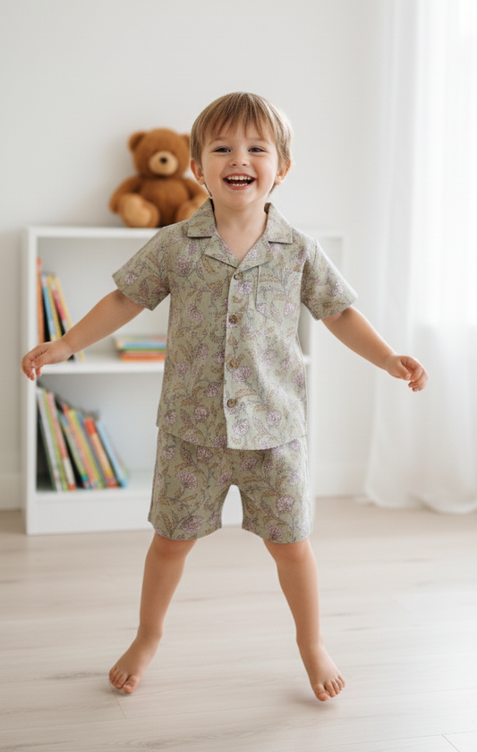 Sameer Shirt & Shorts Set in Green for Infant, Toddler & Tween – 100% Cotton with Elastic Waist
