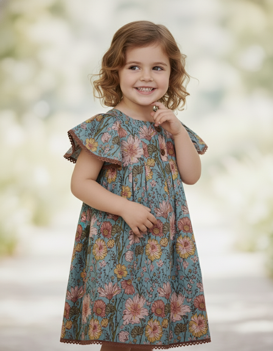 Samsara Dress in Blue for Infant, Toddler & Tween Girls – 100% Cotton Lace-Edged Circle Sleeves & Box Pleats
