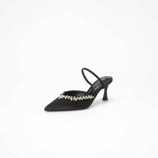 Satin pointed-toe mule with crystal strap - VERANA
