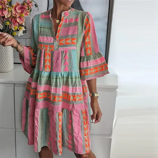 Savannah - Boho Women's Summer Dress with V-Neck and Tiered Flared Skirt