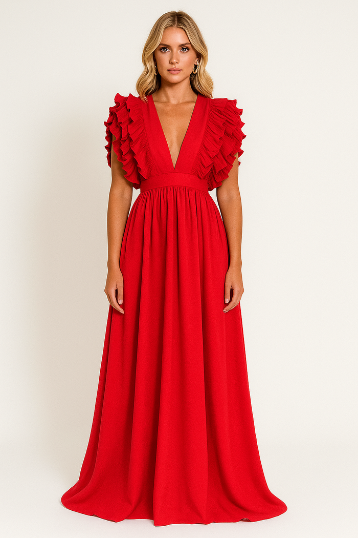 Scarlett - Women's Fall Wedding Guest Dress with Ruffle Sleeves and V Neckline