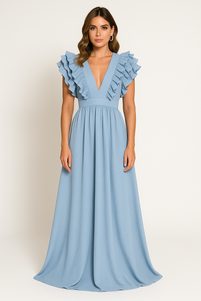Scarlett - Women's Fall Wedding Guest Dress with Ruffle Sleeves and V Neckline