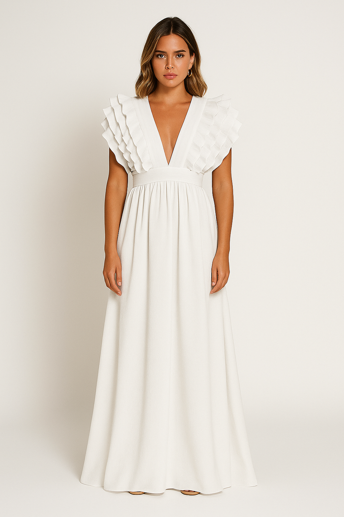 Scarlett - Women's Fall Wedding Guest Dress with Ruffle Sleeves and V Neckline