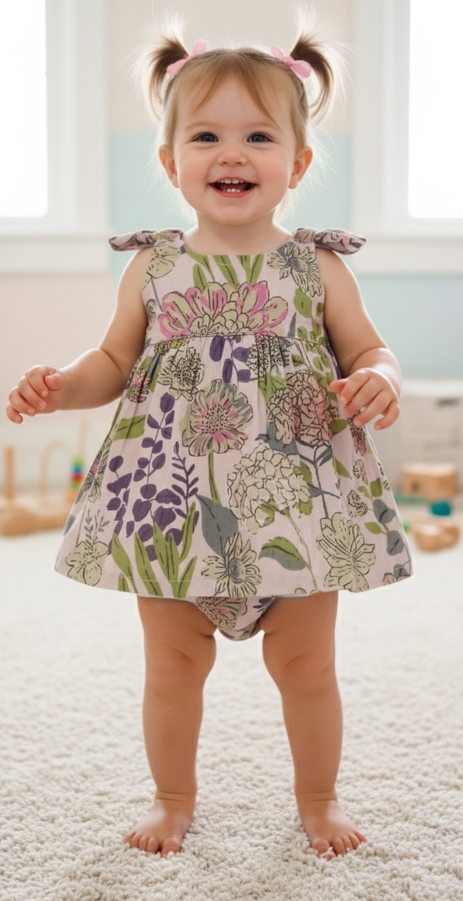 Shay Dress in Lavender for Infant, Toddler & Tween – 100% Cotton with Frill Straps and Elastic Back