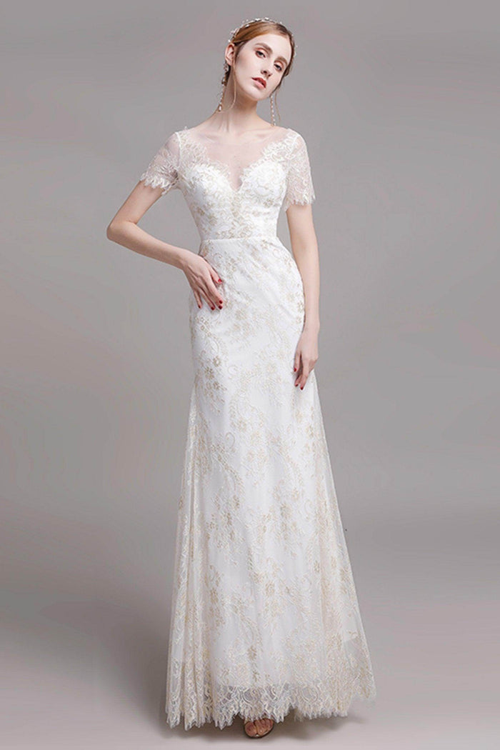 Sheath-Column Floor Length Lace Wedding Dress CW2766 - COCOMELODY