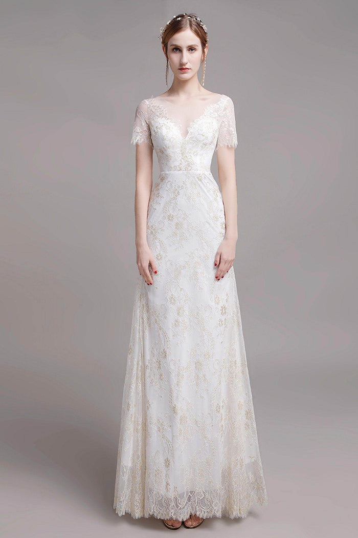 Sheath-Column Floor Length Lace Wedding Dress CW2766 - COCOMELODY