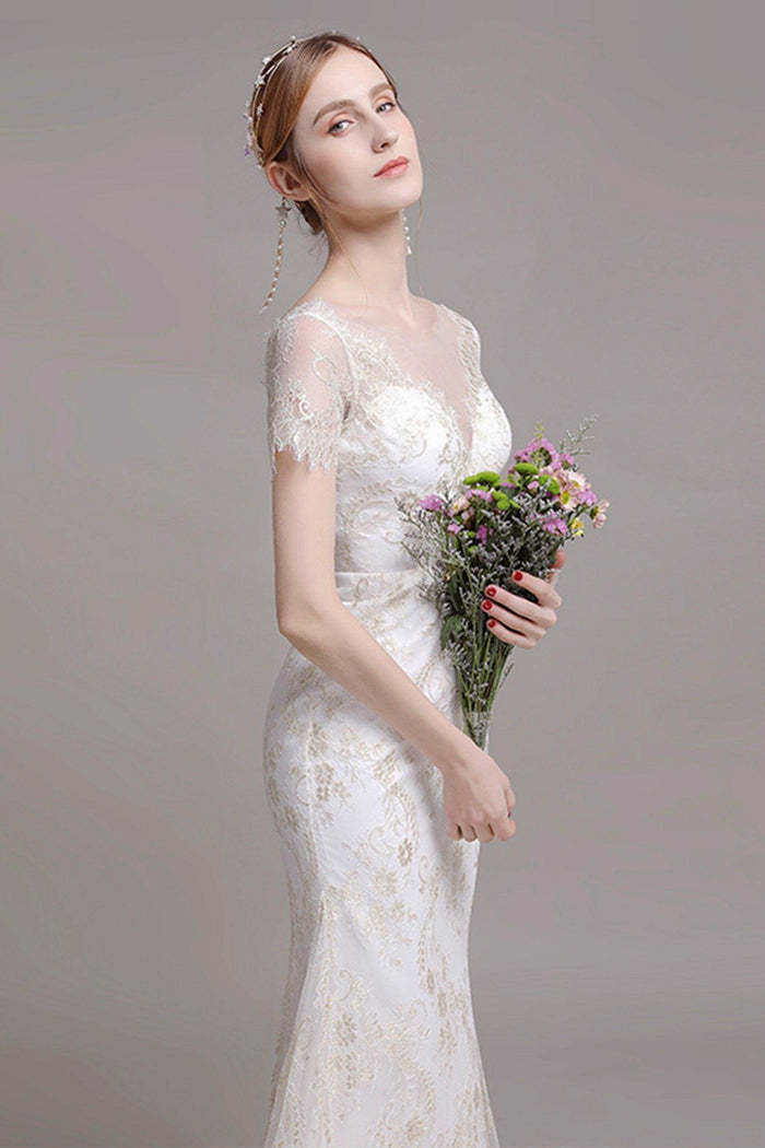 Sheath-Column Floor Length Lace Wedding Dress CW2766 - COCOMELODY