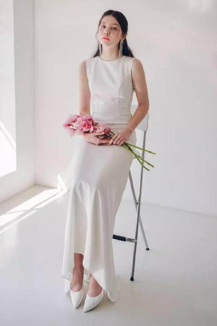 Sheath-Column Sweep-Brush Train Elastic Cloth Wedding Dress 817449854351 - COCOMELODY