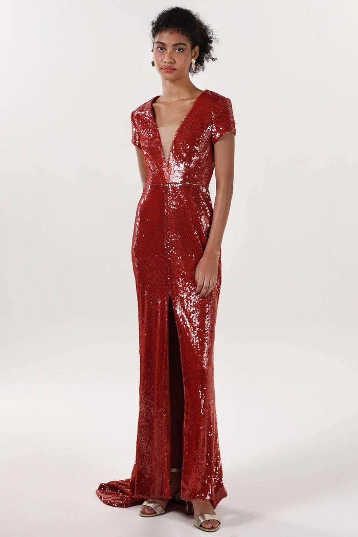 Sheath-Column Sweep-Brush Train Sequined Formal Dress CS0618 - COCOMELODY