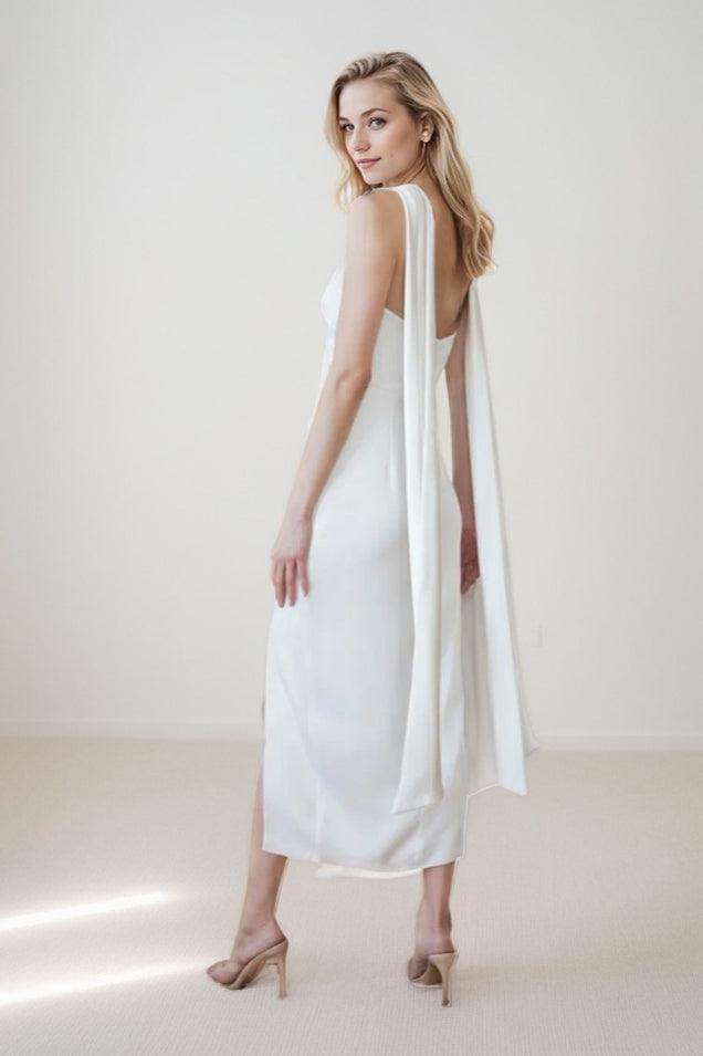 Sheath-Column Tea Length Satin Wedding Dress CW3421 - COCOMELODY
