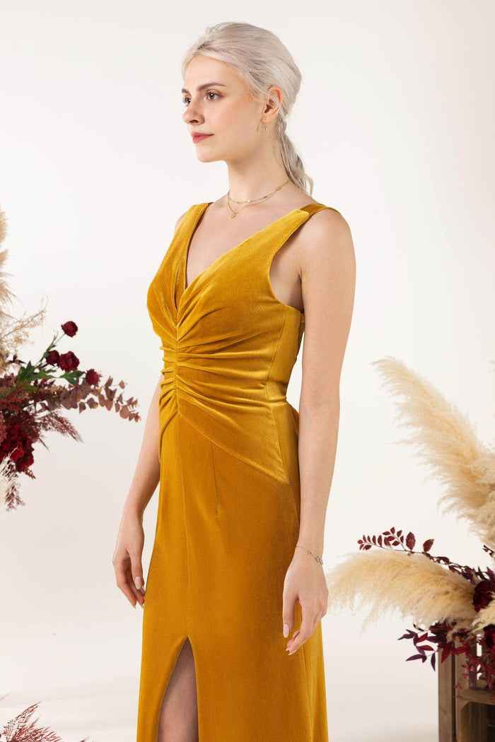 Sheath Sweep-Brush Train Velvet Bridesmaid Dress CB0518 - COCOMELODY