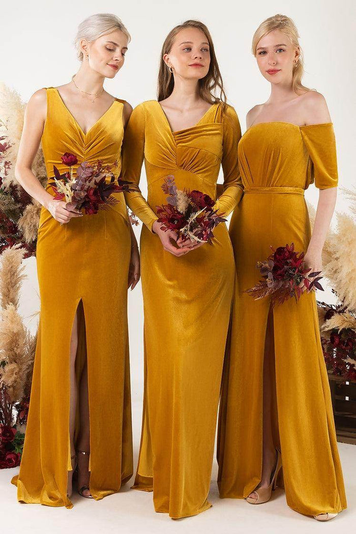 Sheath Sweep-Brush Train Velvet Bridesmaid Dress CB0519 - COCOMELODY