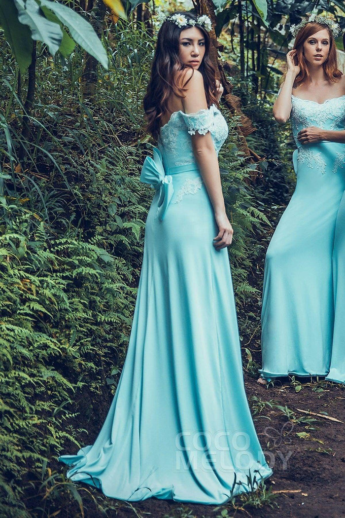 Sheath Sweep Train Knitted Fabric Bridesmaid Dress PR3561 - COCOMELODY