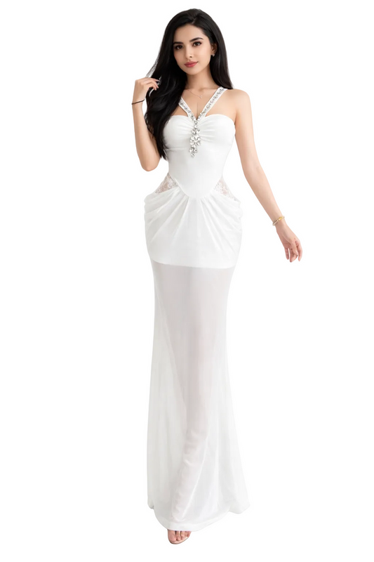 sheer mesh maxi dress with embellished neckline – IVORY