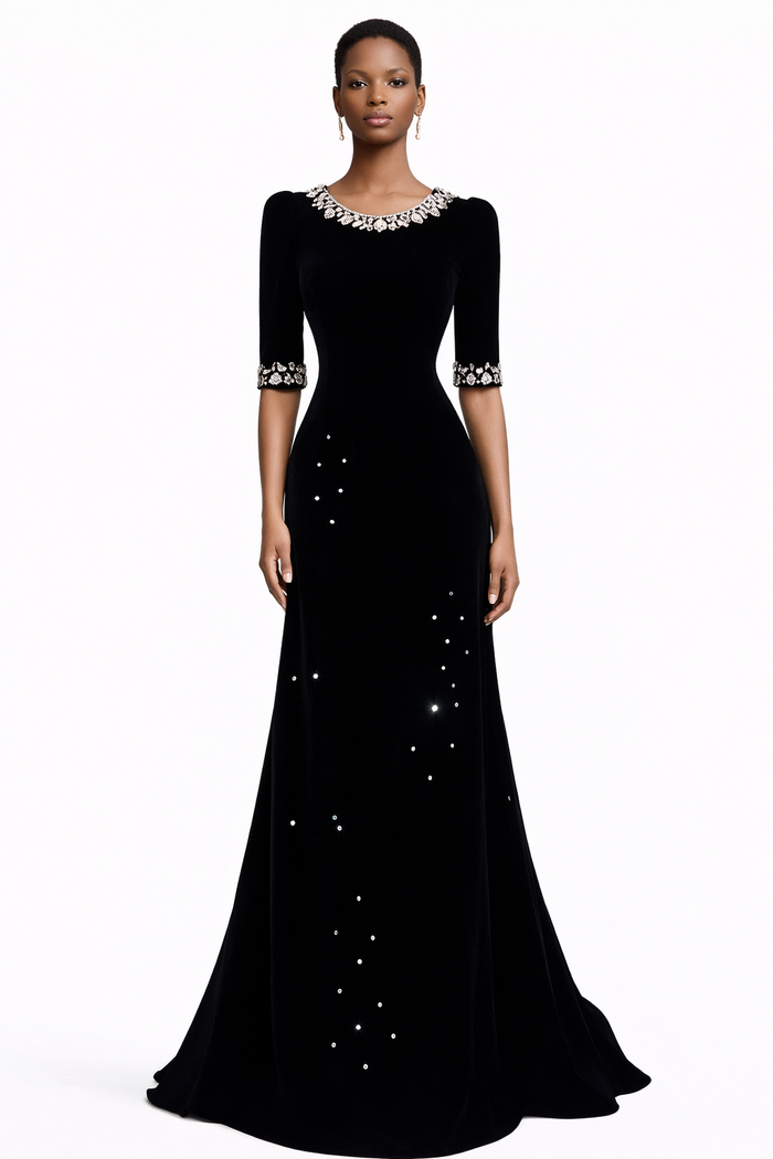 short-sleeve velvet evening gown with pearl neckline – KIARA