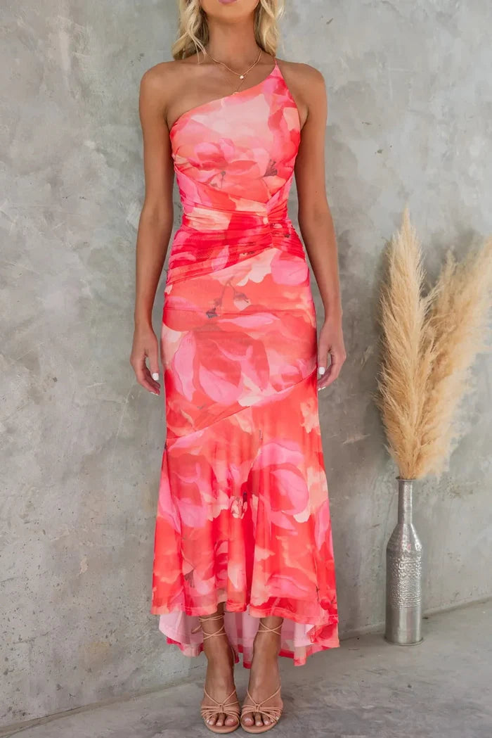 Sienna - Flowy Women's Wedding Guest Dress with One Shoulder and Ruched Floral Midi Skirt