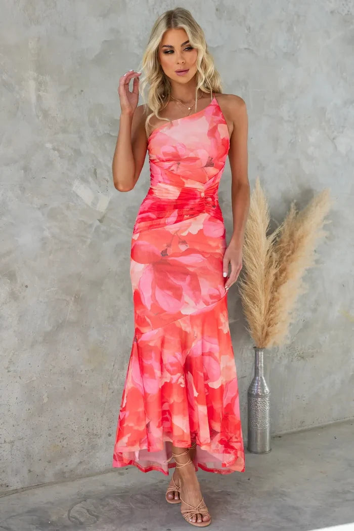 Sienna - Flowy Women's Wedding Guest Dress with One Shoulder and Ruched Floral Midi Skirt