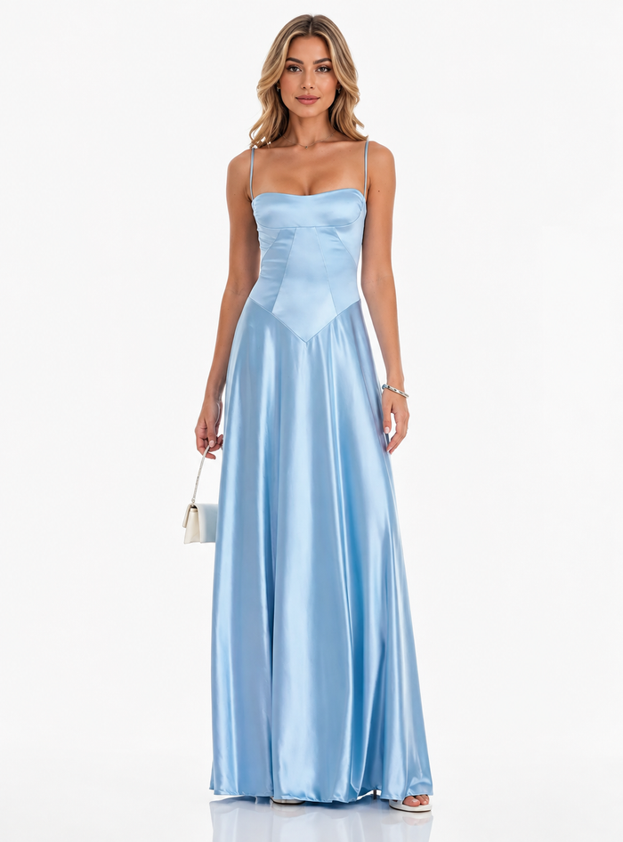Sky Blue Satin Corset Maxi Dress – Azure