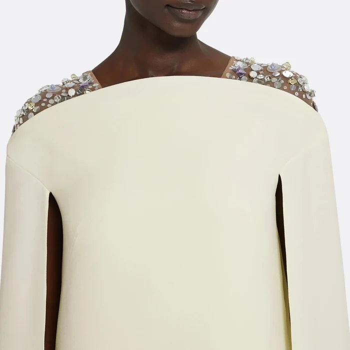 Sleeveless column dress with embellished shoulders and cape - Bethany