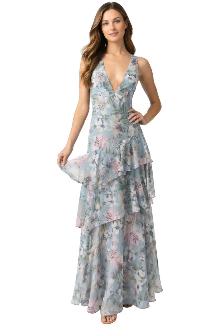 Sleeveless V-neck maxi dress with layered floral ruffles – SERENA