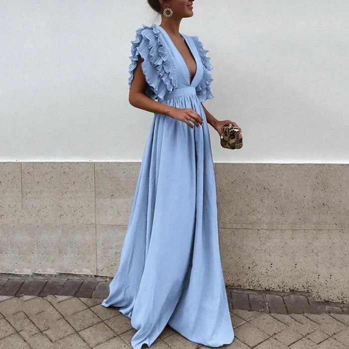 Sophia - Elegant Women's Wedding Guest Dress with Ruffle Sleeves and V-Neck