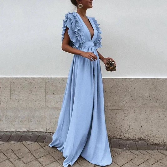 Sophia - Elegant Women's Wedding Guest Dress with Ruffle Sleeves and V-Neck