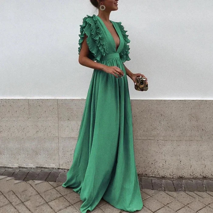 Sophia - Elegant Women's Wedding Guest Dress with Ruffle Sleeves and V-Neck