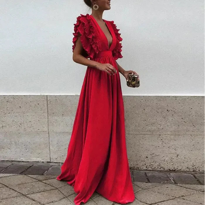 Sophia - Elegant Women's Wedding Guest Dress with Ruffle Sleeves and V-Neck