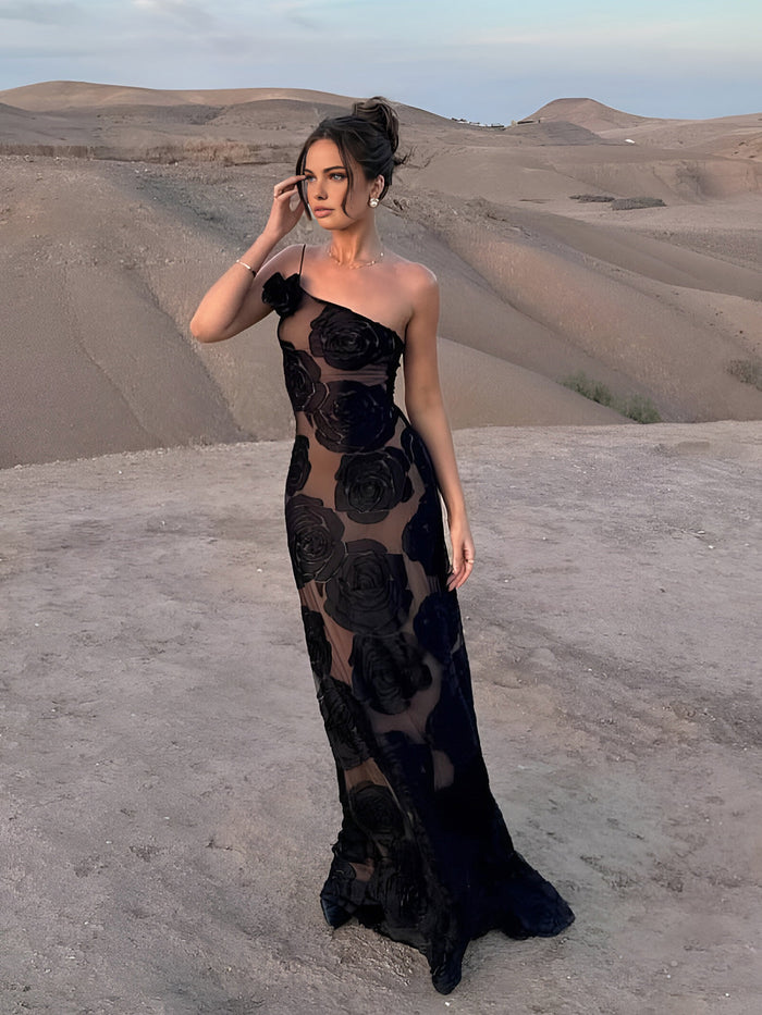 Sophia - Elegant Women's Wedding Guest Maxi Dress with One Shoulder Floral Detail