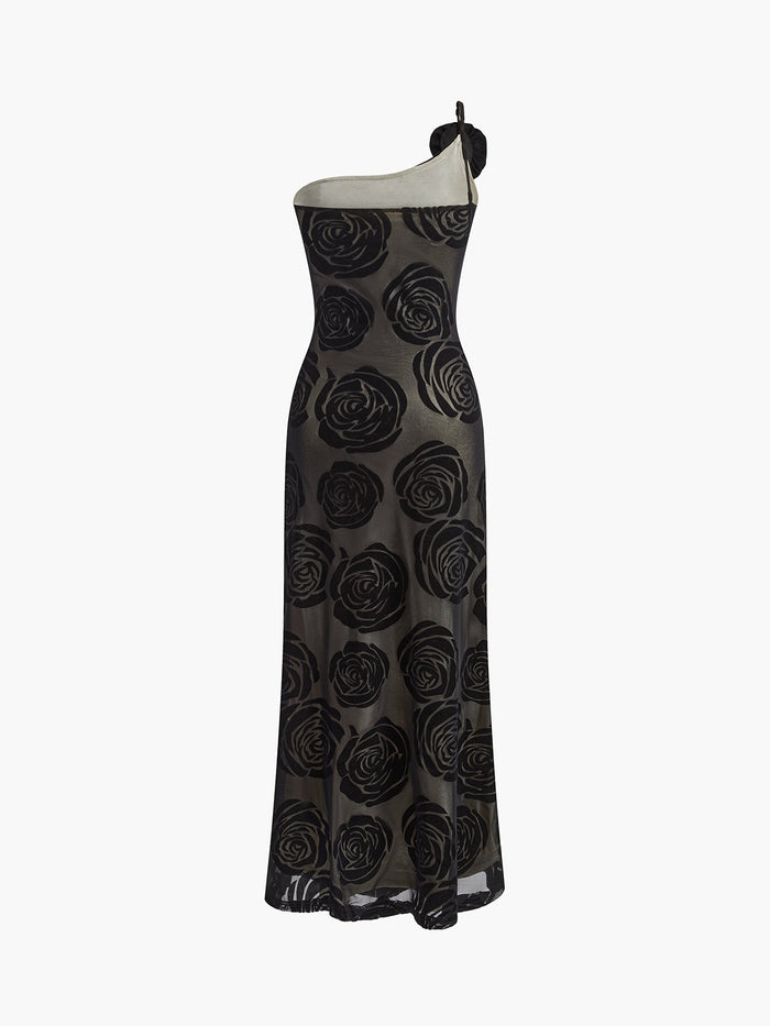 Sophia - Elegant Women's Wedding Guest Maxi Dress with One Shoulder Floral Detail