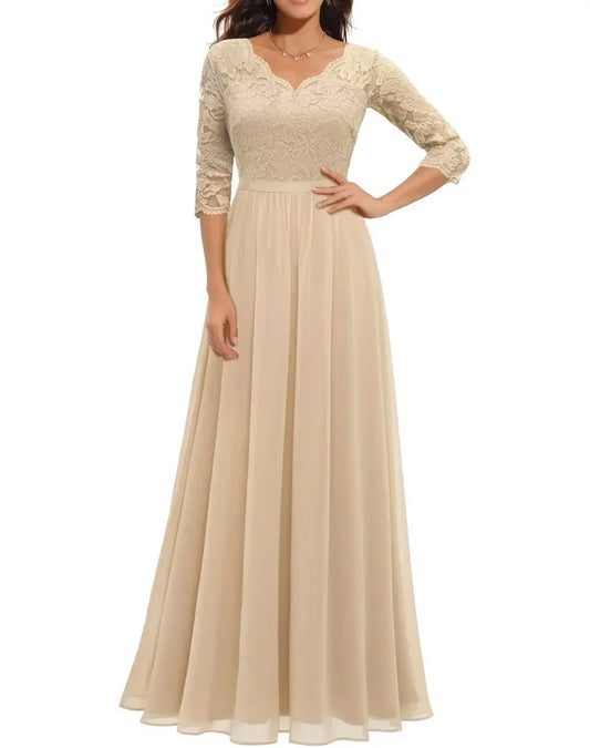 Sophia - Elegant Women's Wedding Guest Maxi Dress with V Neck Lace Bodice and Flowy Skirt