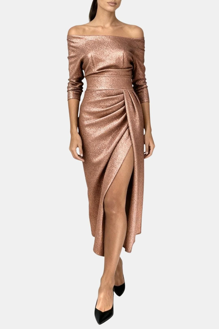 Sophia - Glam Women's Wedding Guest Dress with Off-Shoulder Neckline and Thigh Split