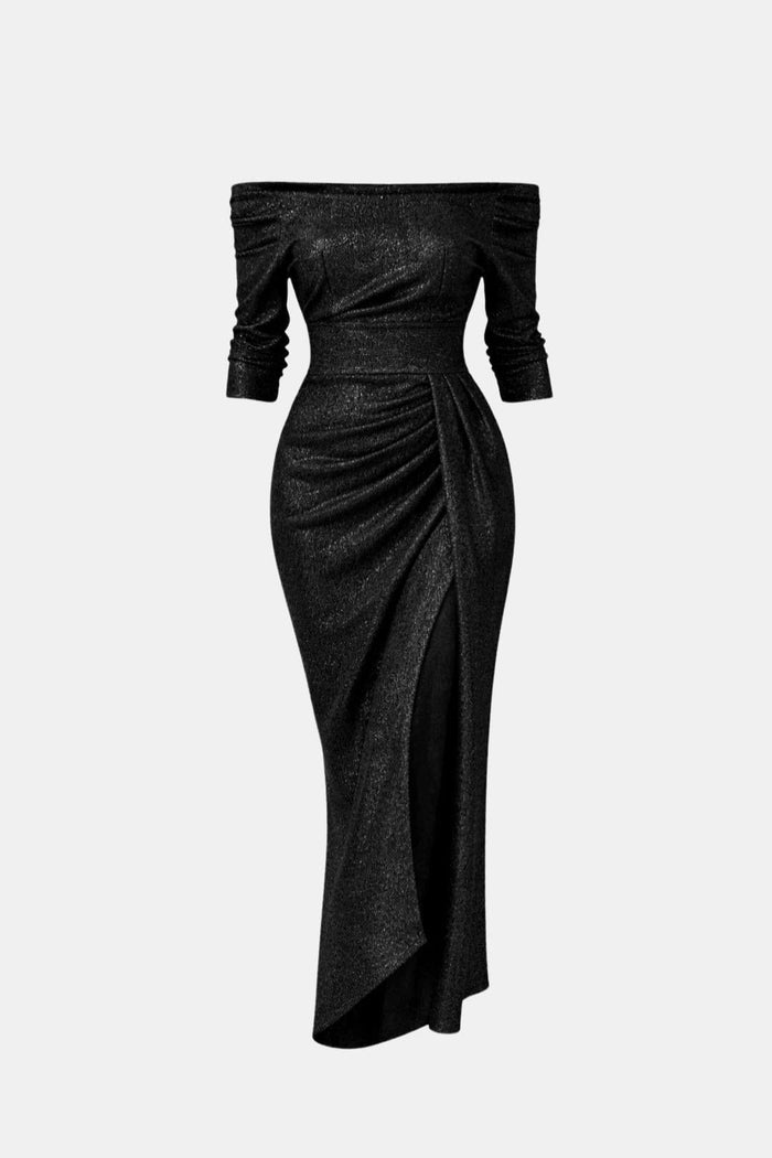 Sophia - Glam Women's Wedding Guest Dress with Off-Shoulder Neckline and Thigh Split