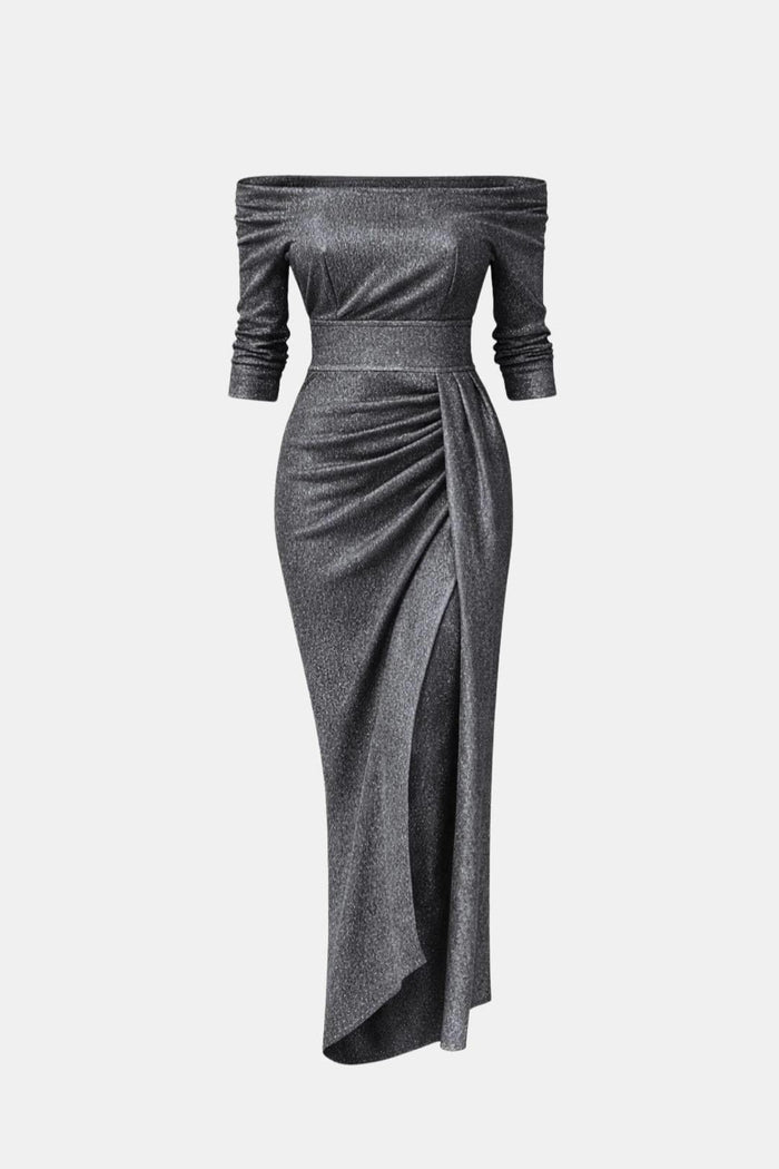 Sophia - Glam Women's Wedding Guest Dress with Off-Shoulder Neckline and Thigh Split