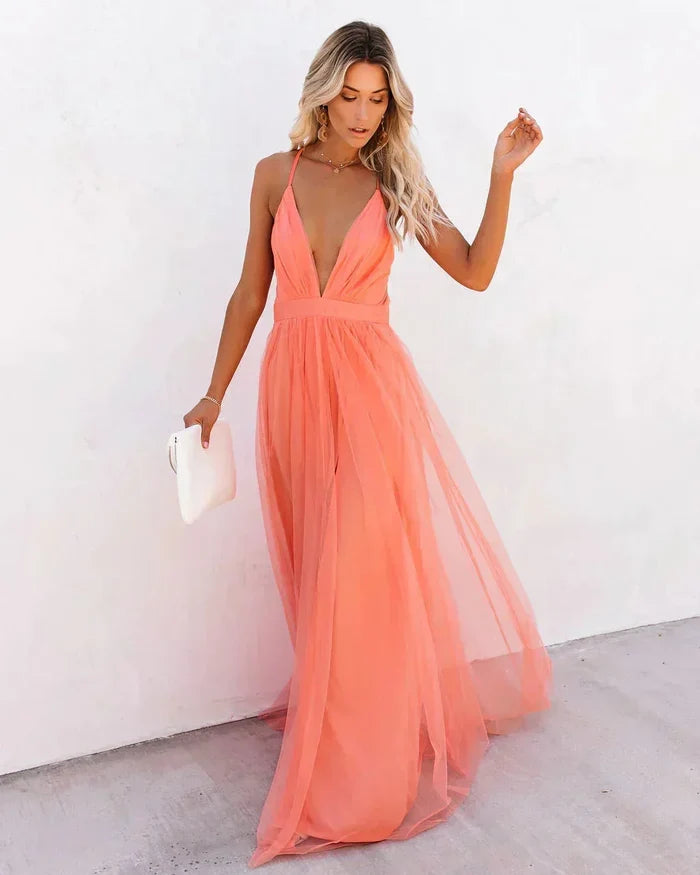 Sophia - Romantic Women's Wedding Guest Dress with a Plunging Neckline and Flowing Tulle Maxi Skirt