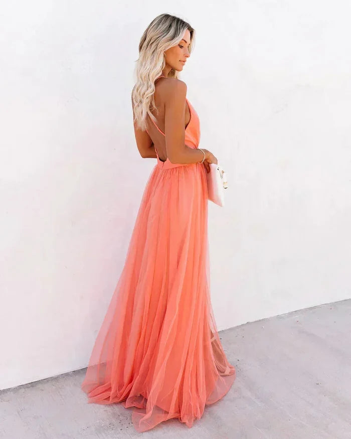Sophia - Romantic Women's Wedding Guest Dress with a Plunging Neckline and Flowing Tulle Maxi Skirt